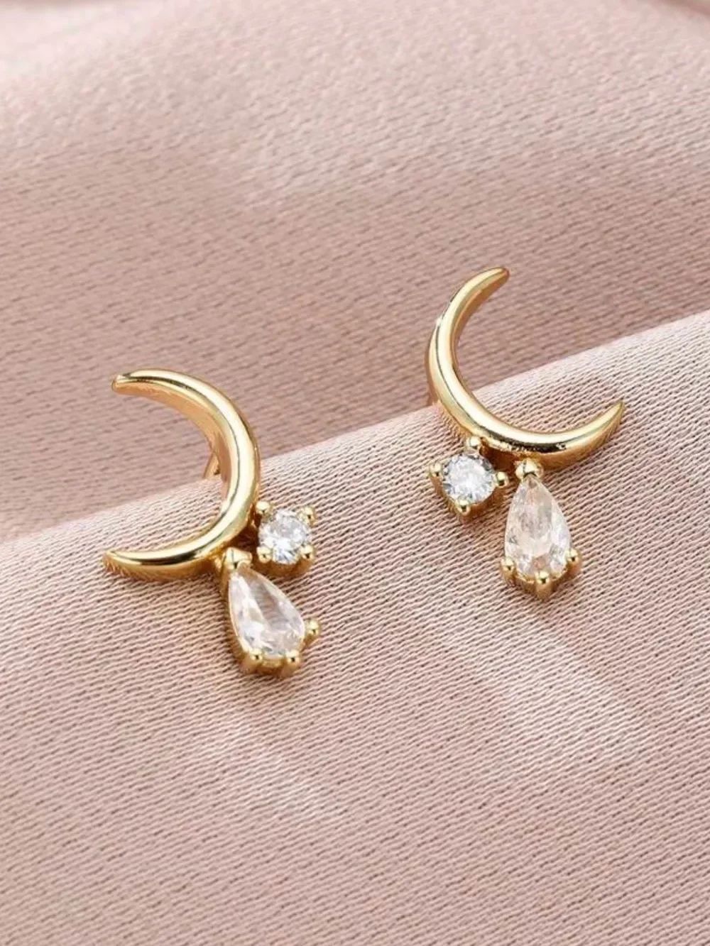 Gold Crescent Moon Earrings with Clear Teardrop and Round Stones A2058